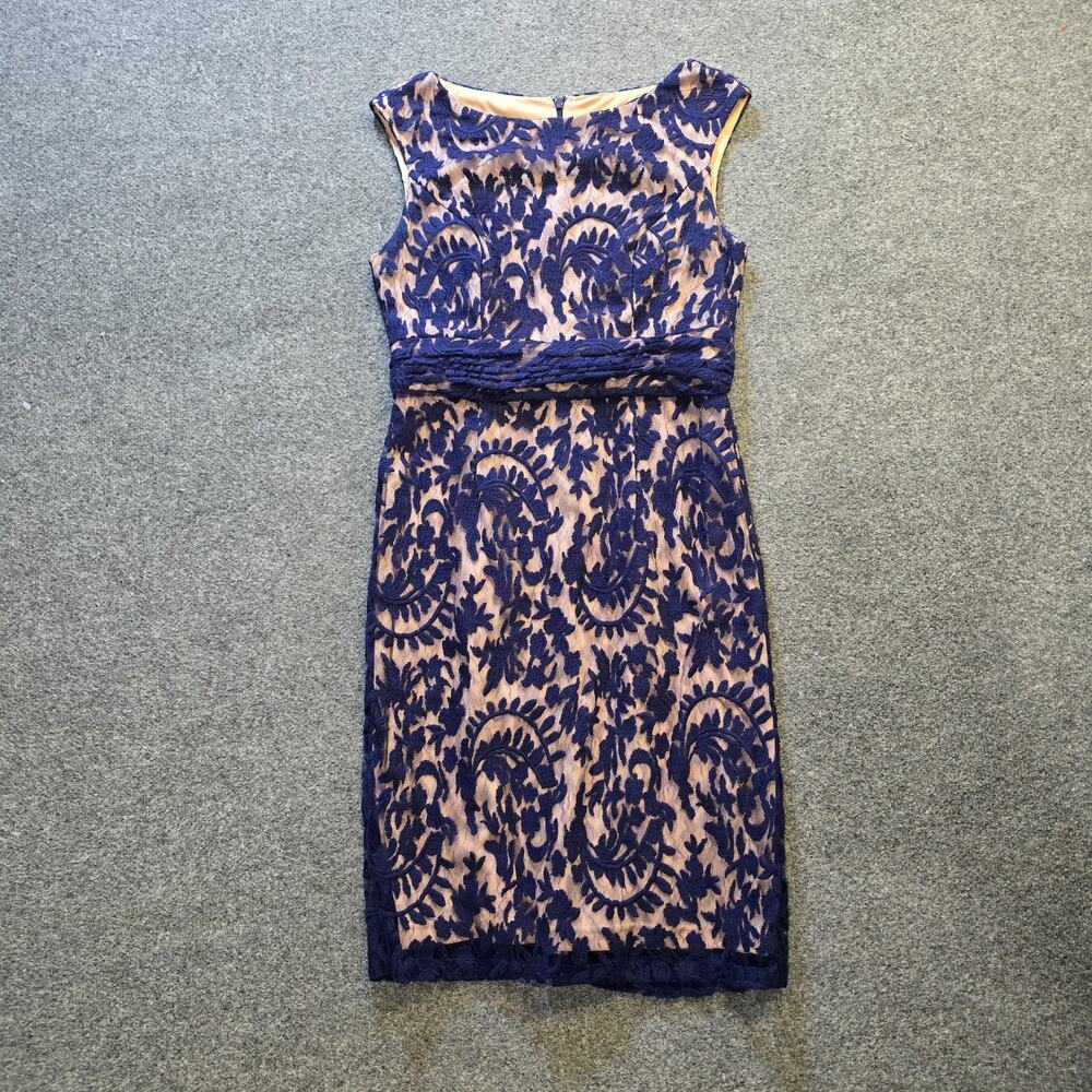 Adrianna Papell Dress Womens Size 10 Blue Lace Tan Lined Sheath Fitted Cocktail
